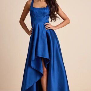 Lulus Wisola Blue Taffeta Pleated Corset High-low Maxi Dress - Size M